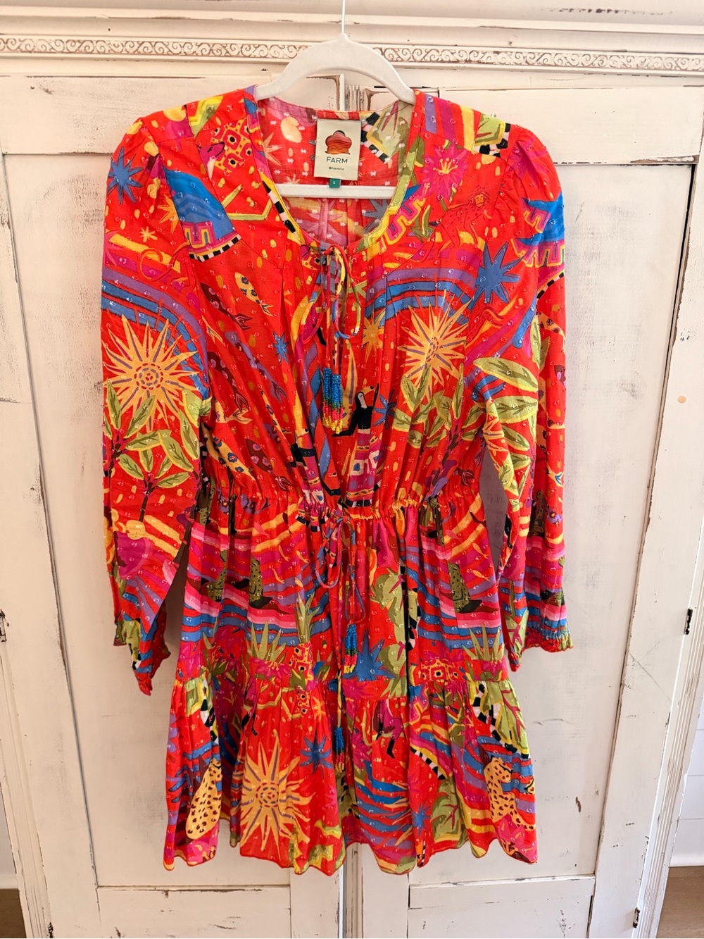 FARM RIO Magic Forest Coral Red Tropical Printed Long Sleeve Mini Dress Large